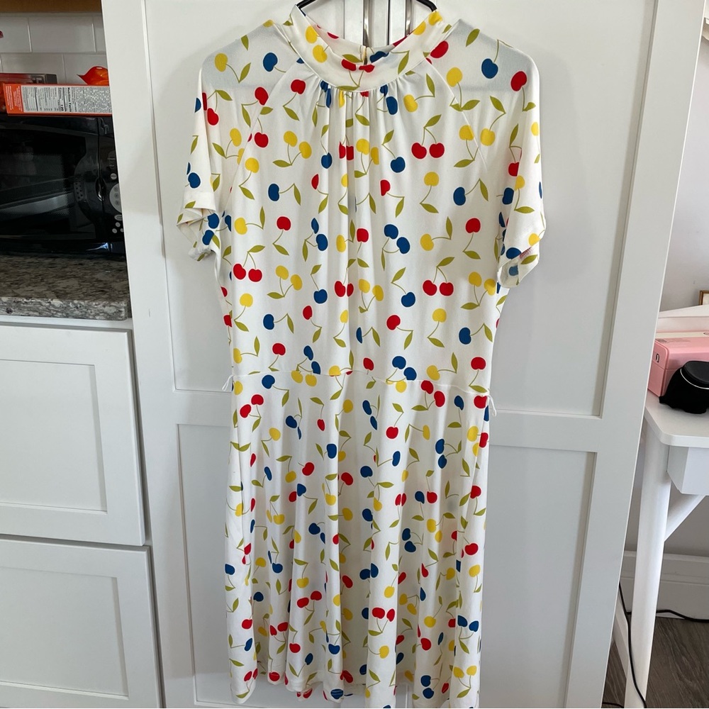 Modcloth White Cherry Print Fit-and-Flare Dress with Blue and Red Accents